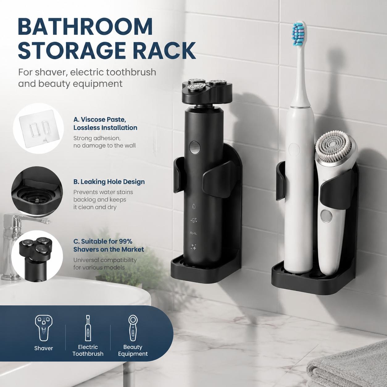Home Essentials Bathroom Rack - Portaspazzolino autoadesivo senza foratura, impermeabile, da