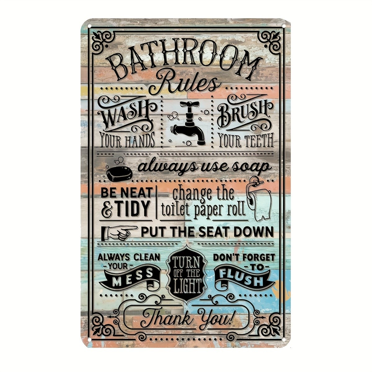Home Bathroom Rules - Insegne in Metallo Vintage con Regole
